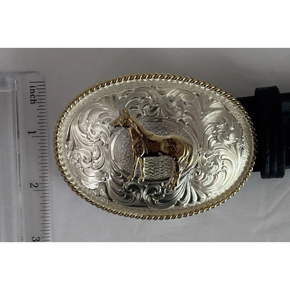 Montana Silversmiths Western Horse Buckle Justin Black w/Silver Leather Belt 34”